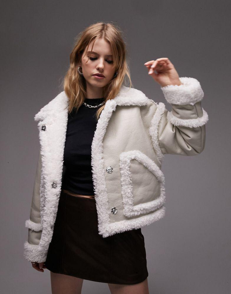 Topshop faux leather cropped car coat with faux fur trims in white商品第3张图片规格展示