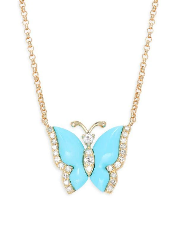 商品Effy|14K Yellow Gold, Turquoise & Diamond Butterfly Pendant Necklace,价格¥7213,第1张图片