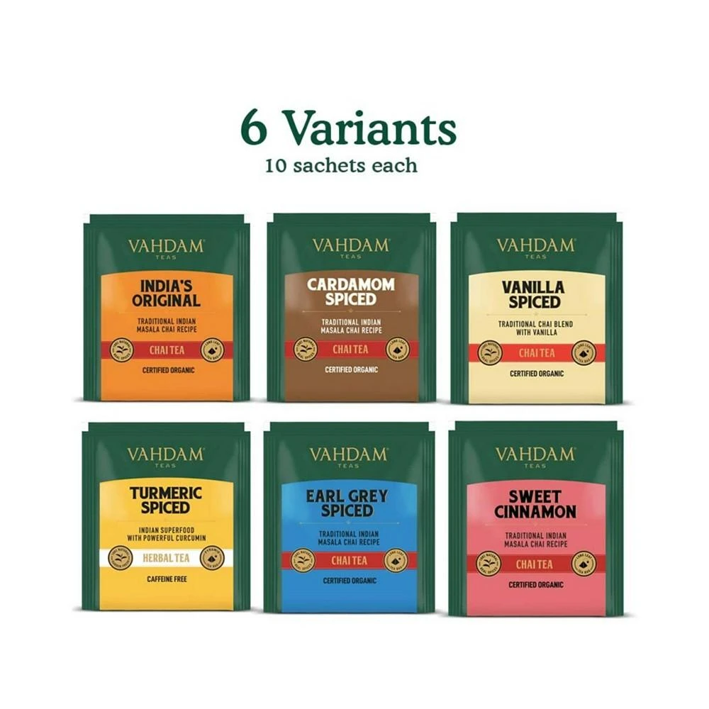 商品Vahdam Teas|Chai Tea Variety Sampler Gift Set, 60 Long Leaf Pyramid Tea Bags,价格¥298,第2张图片详细描述