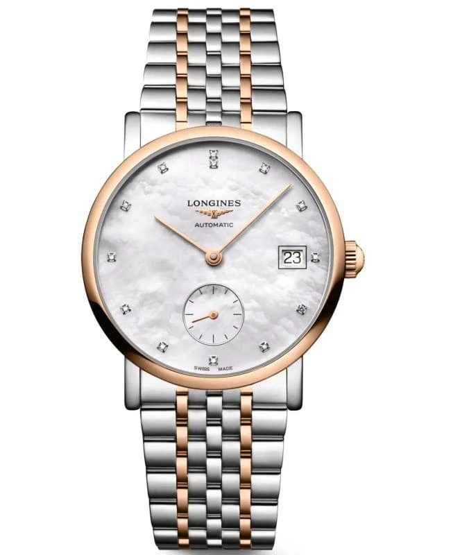 商品Longines|Longines Elegant Collection Automatic Mother of Pearl Diamond Dial Steel and Rose Gold Women's Watch L4.312.5.87.7,价格¥22658,第1张图片