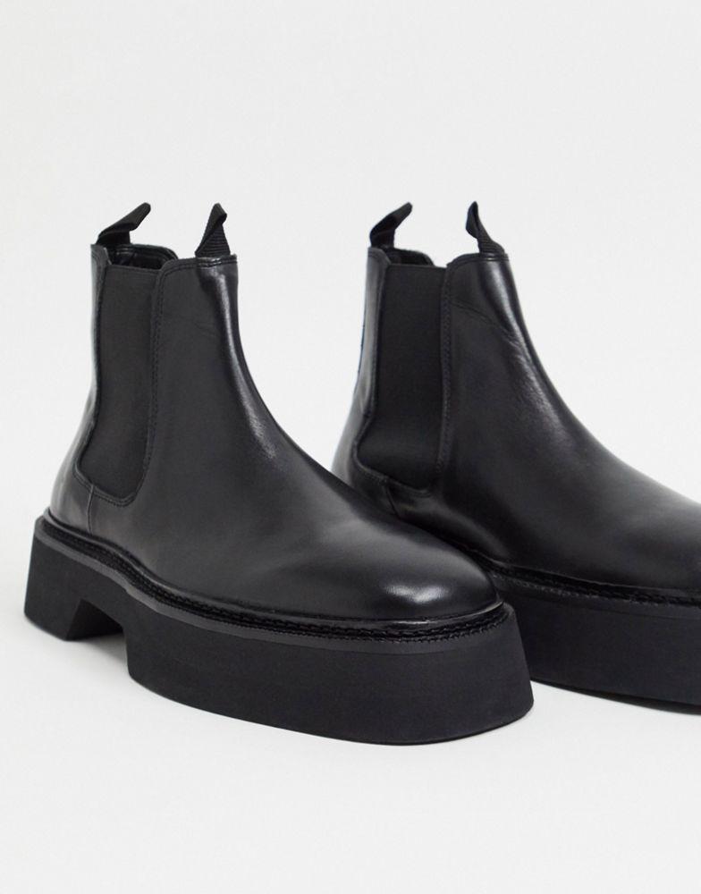 商品ASOS|ASOS DESIGN chelsea square toe boots in black high shine leather,价格¥343,第1张图片