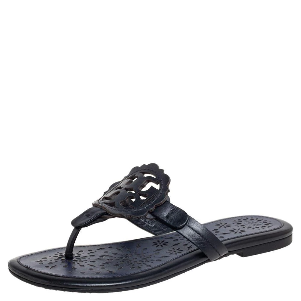 商品[二手商品] Tory Burch|Tory Burch Black/Blue Leather Miller Flat Thong Sandals Size 35,价格¥811,第1张图片