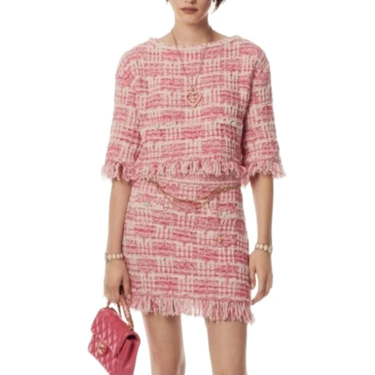 商品[国内直发] Chanel|香奈儿 24春夏新品 拼色圆领套头短袖针织衫 女款 粉红色,价格¥23416,第3张图片详细描述