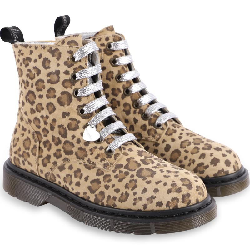 Silver lacing leopard print leather boots in beige商品第1张图片规格展示