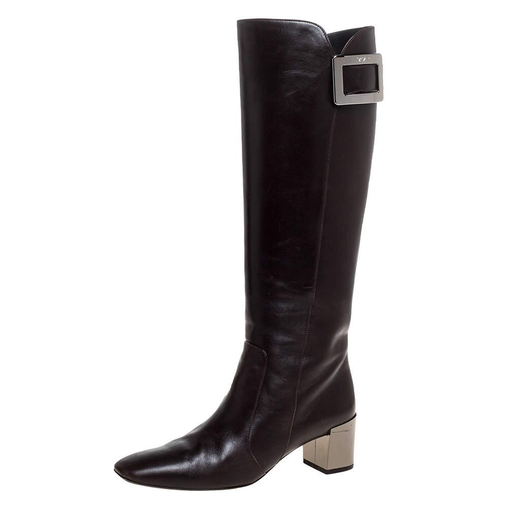 Roger Vivier Dark Brown Leather Buckle Detail Knee Length Boots Size 36.5商品第1张图片规格展示