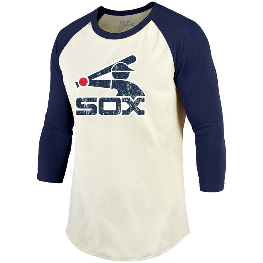 商品Majestic|Men's Cream, Navy Chicago White Sox Cooperstown Collection Raglan 3/4 Sleeve T-shirt,价格¥358,第1张图片