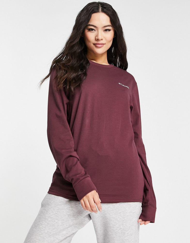 Columbia Cades Cove long sleeve back print t-shirt in burgundy Exclusive at ASOS商品第2张图片规格展示