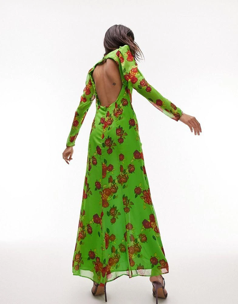 商品Topshop|Topshop gathered floral open back long sleeve maxi dress in green,价格¥249,第2张图片详细描述