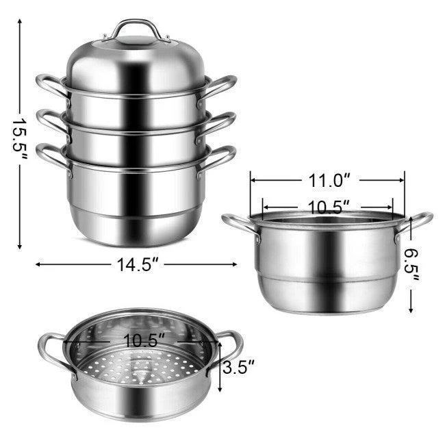 商品QuikFurn|3 Tier Large Stainless Steel Steamer Cookware Set,价格¥972,第4张图片详细描述