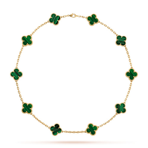  Van Cleef & Arpels/梵克雅宝 经典款Vintage Alhambra系列 18K金黄金镶嵌绿色孔雀石10花四叶草项链VCARO3QJ00商品第1张图片规格展示