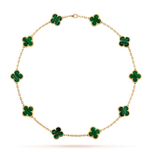 商品Van Cleef & Arpels| Van Cleef & Arpels/梵克雅宝 经典款Vintage Alhambra系列 18K金黄金镶嵌绿色孔雀石10花四叶草项链VCARO3QJ00,价格¥79862,第1张图片