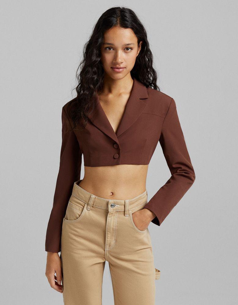 商品Bershka|Bershka open back cropped blazer co-ord in chocolate,价格¥177,第1张图片