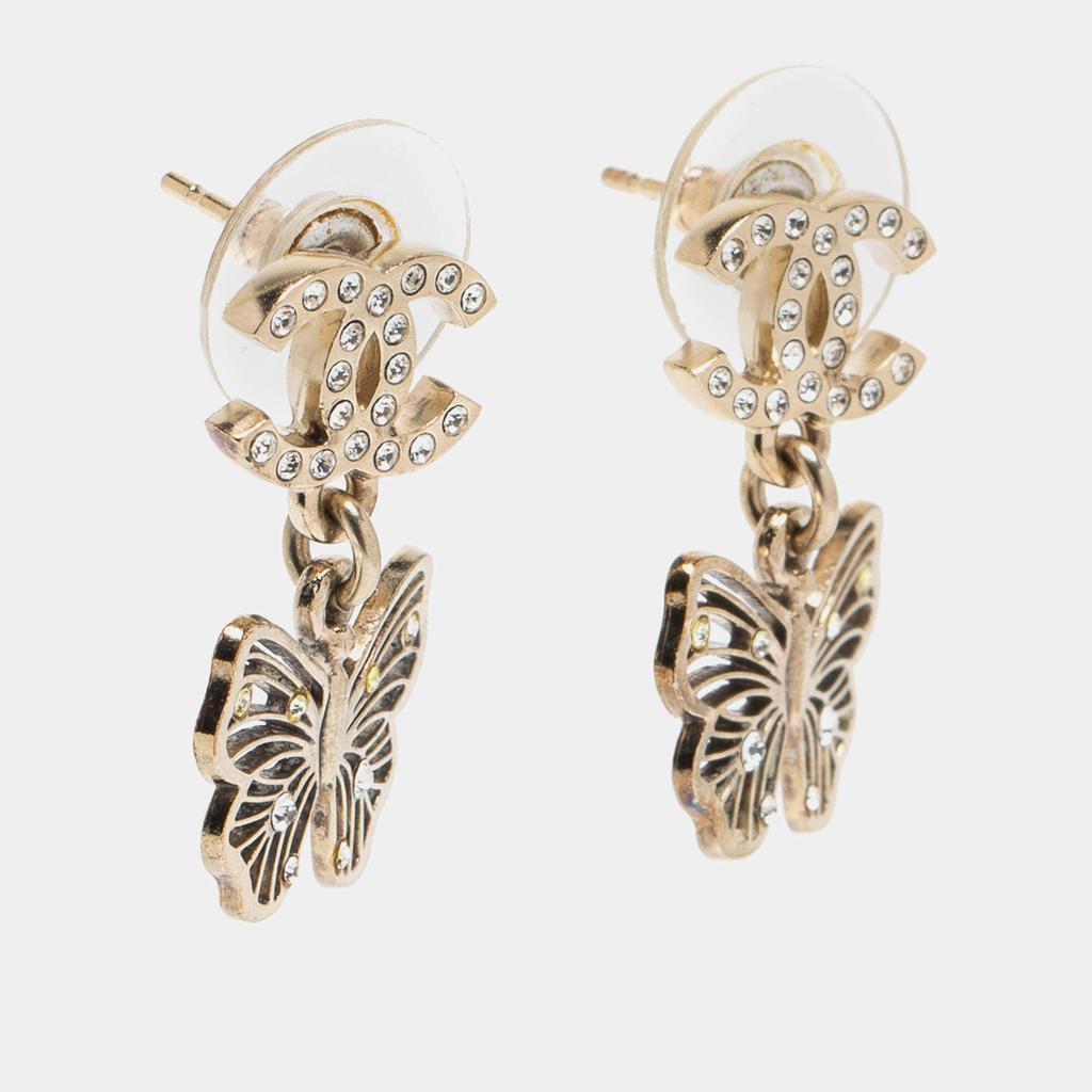Chanel Pale Gold Tone Crystal CC Butterfly Drop Earrings商品第2张图片规格展示
