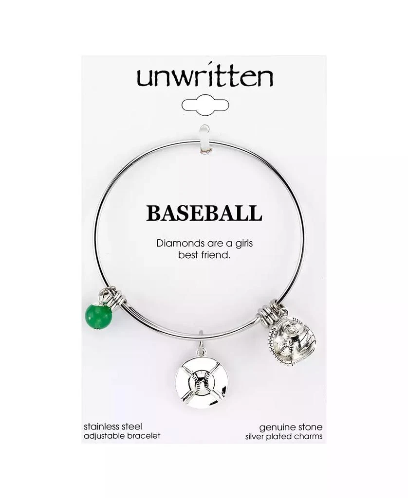 商品Unwritten|Baseball Charm and Green Aventurine (8mm) Bangle Bracelet in Stainless Steel Silver Plated Charms,价格¥105,第3张图片详细描述