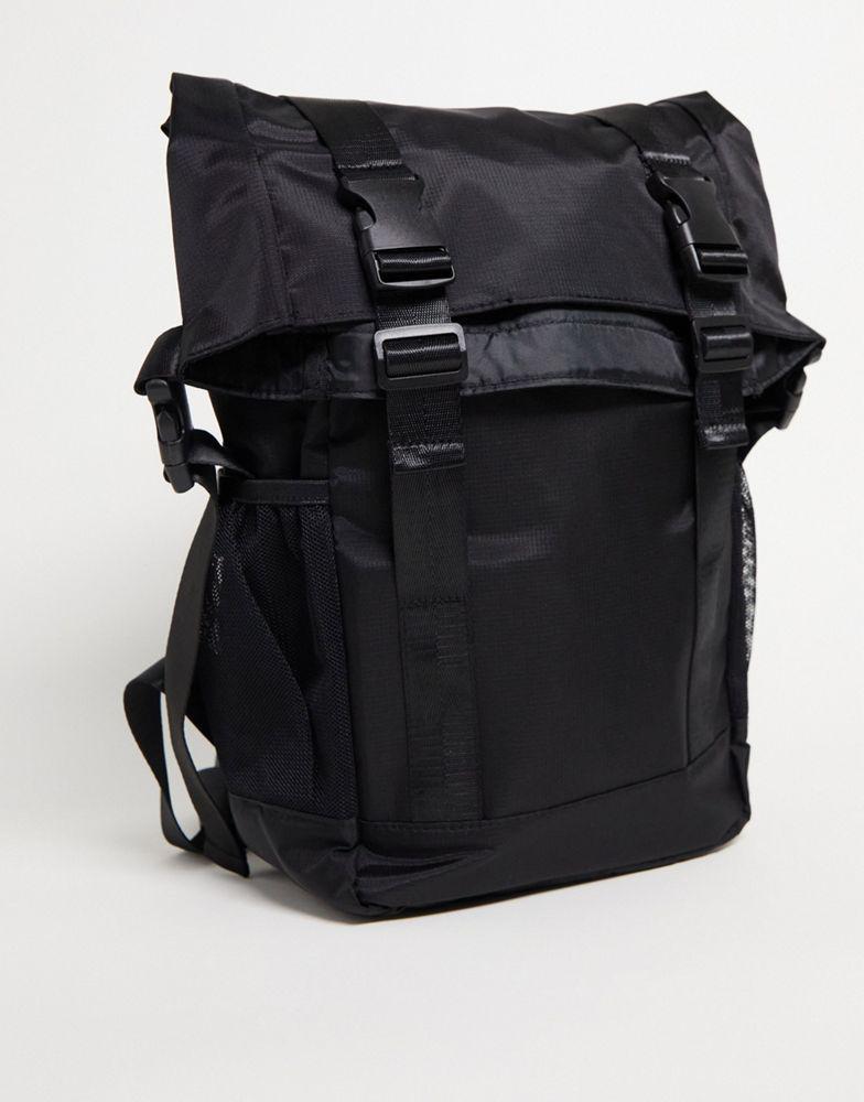 商品ASOS|ASOS DESIGN rolltop backpack in black nylon with double straps - BLACK,价格¥237,第6张图片详细描述
