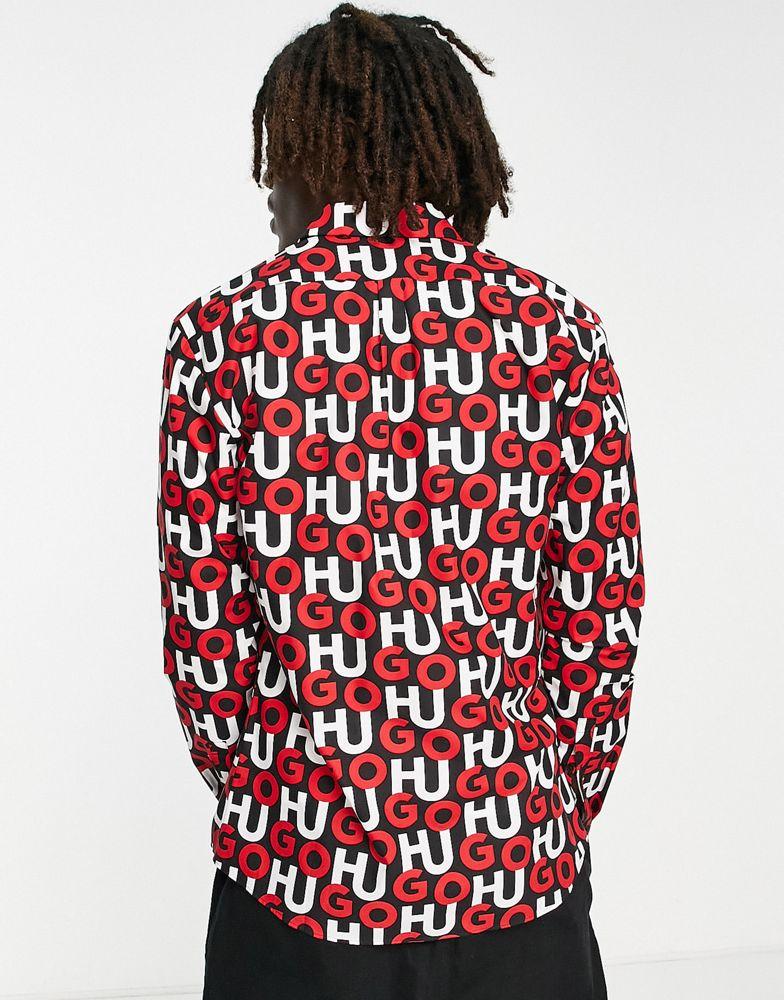 HUGO Ero3 all over logo slim fit long sleeve shirt in red商品第4张图片规格展示