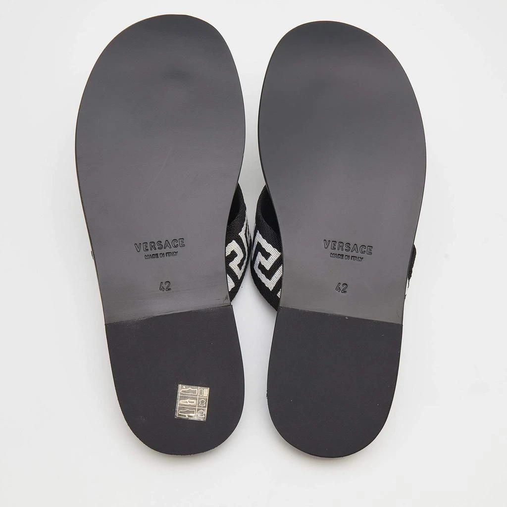 Versace Black/White Leather And Fabric Greca Flat Slide Sandals Size 42 商品