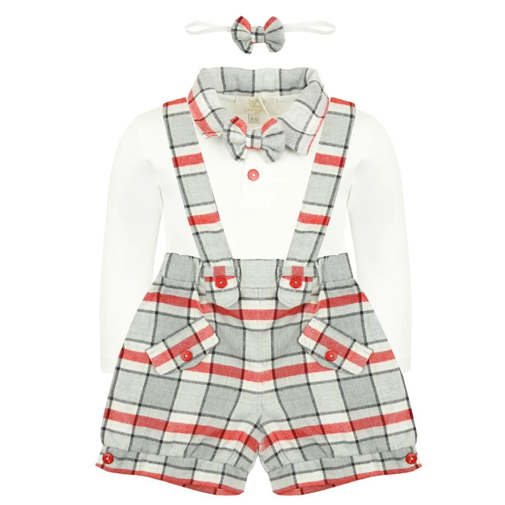 商品Caramelo Kids|Grey White & Red Check Short Dungaree Set & Bow Tie,价格¥161,第1张图片