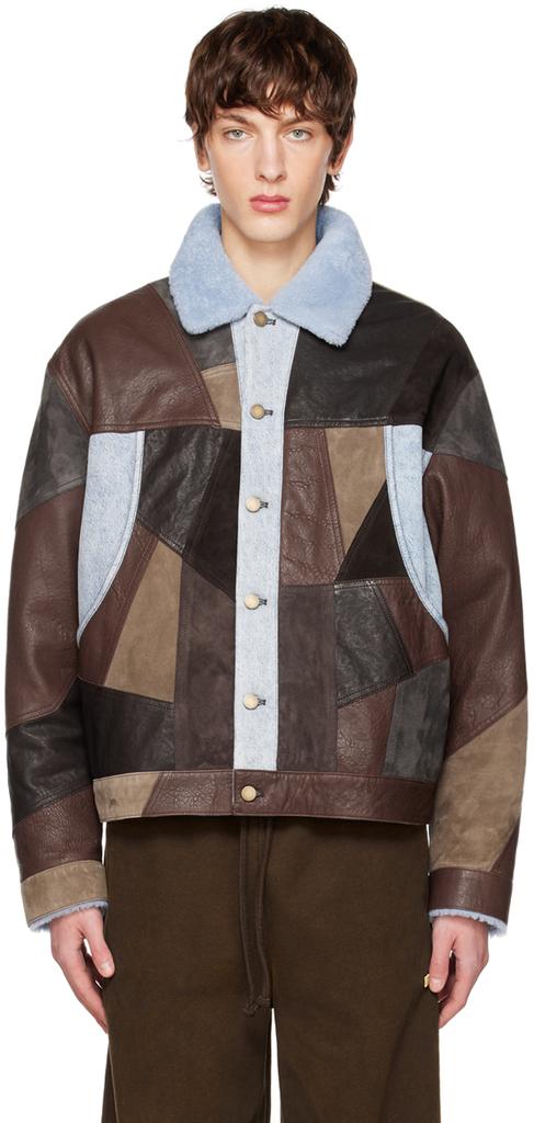 Brown Patchwork Leather Jacket商品第1张图片规格展示