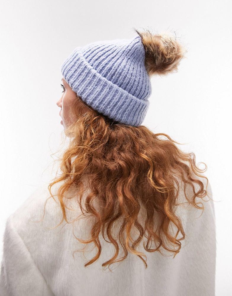 商品Topshop|Topshop knitted fur pom pom beanie in blue,价格¥58,第4张图片详细描述