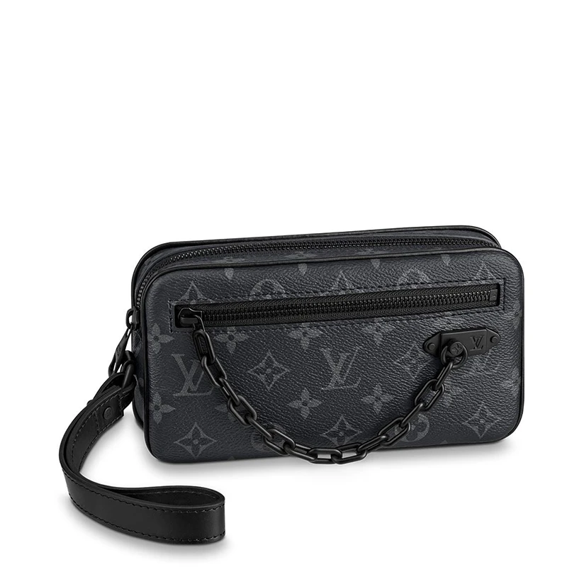 商品Louis Vuitton|预售10天 Louis Vuitton/路易威登 经典款VOLGA系列 男士经典爆款老花帆布牛皮饰边黑链配可拆卸腕带拉链开合链条手拿包M68321,价格¥11271,第1张图片