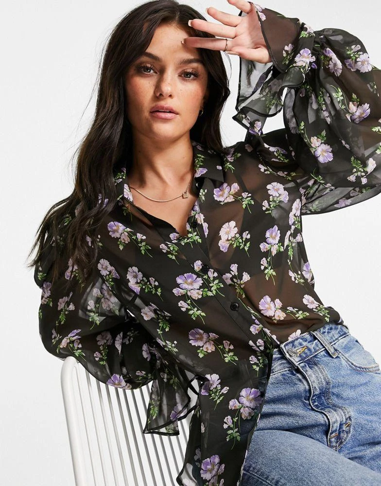 商品ASOS|ASOS DESIGN volume sleeved shirt with frill cuffs in purple floral print,价格¥110,第3张图片详细描述