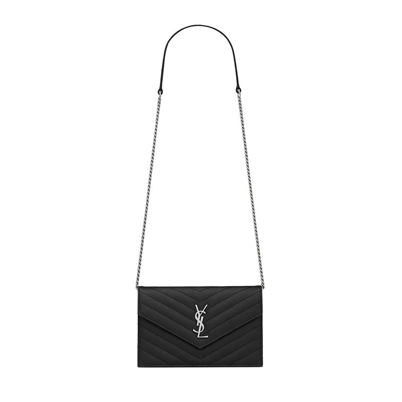 商品Yves Saint Laurent|【预售3-7天】圣罗兰 YSL 女士黑色小牛皮粒面压纹翻盖银色徽标绗缝信封链式钱包695108BOW021000,价格¥8139,第1张图片