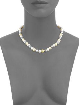 925 Sterling Silver & 8-9mm Multicolored Semi-Round Cultured Freshwater Pearl Collar Necklace, Bracelet & Stud Earrings Set商品第2张图片规格展示