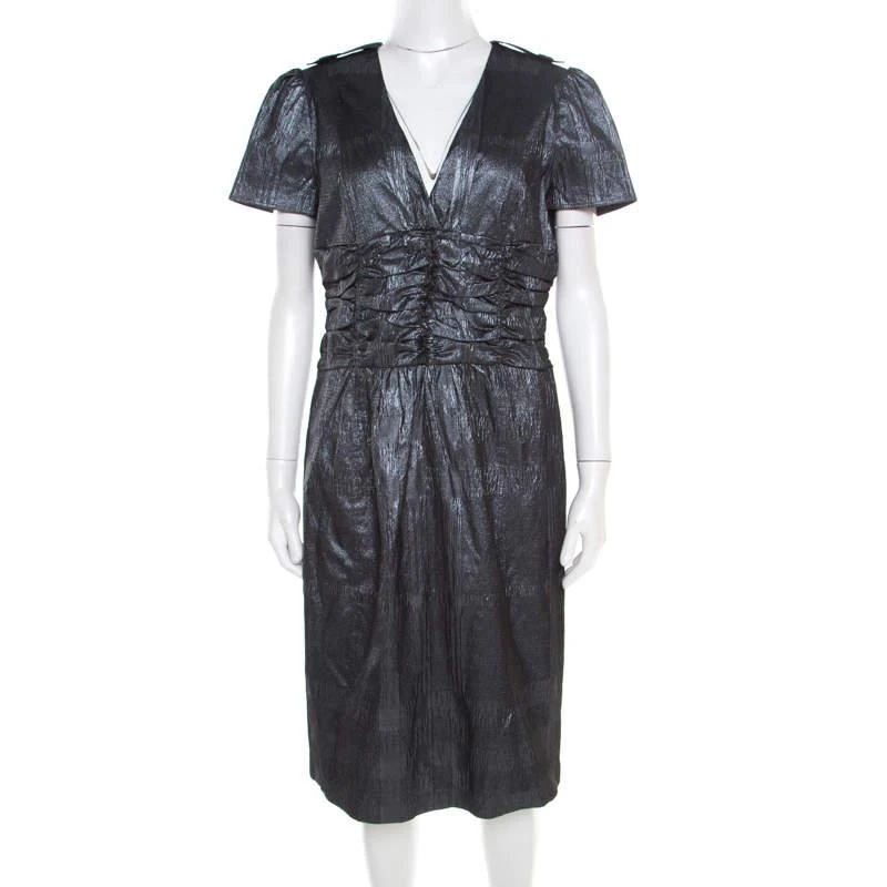 商品[二手商品] Burberry|Burberry London Metallic Silver Jacquard Plunge Neck Short Sleeve Dress M,价格¥1564,第1张图片