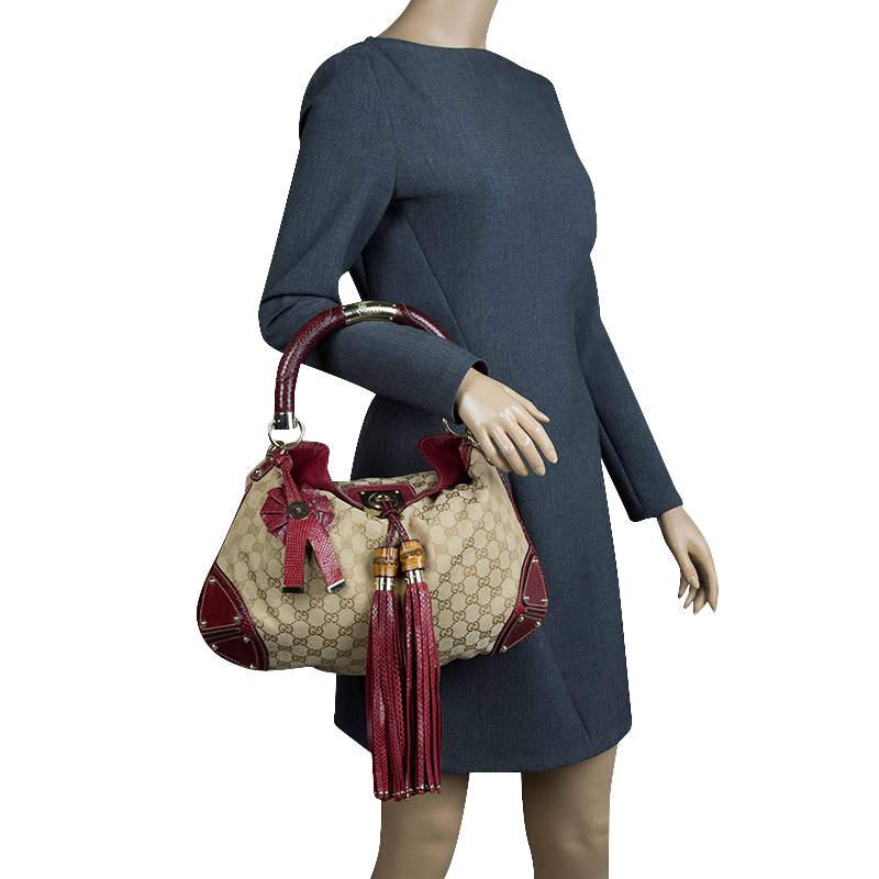Gucci Beige/Red GG Canvas and Python Medium Indy Top Handle Bag商品第2张图片规格展示