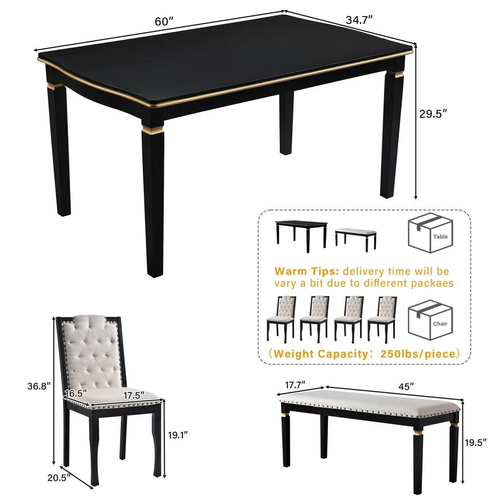 商品Streamdale Furniture|Streamdale 6-Piece Dining Table Set: 60" Table, 4 Tufted Chairs & Bench (Black),价格¥7327,第3张图片详细描述