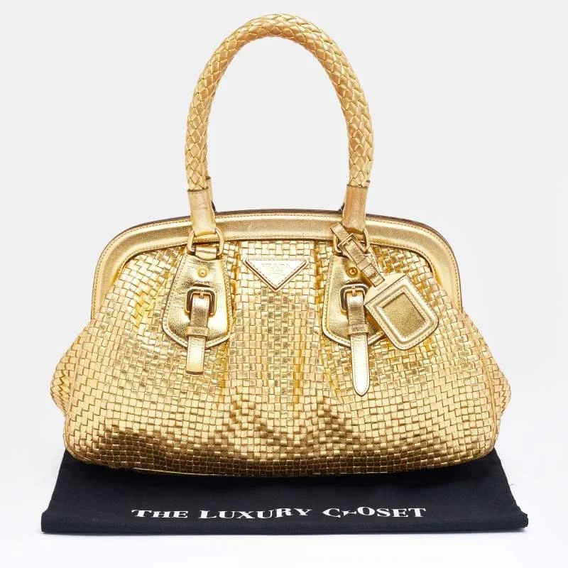 Prada Metallic Gold Woven Madras Leather Frame Satchel 商品