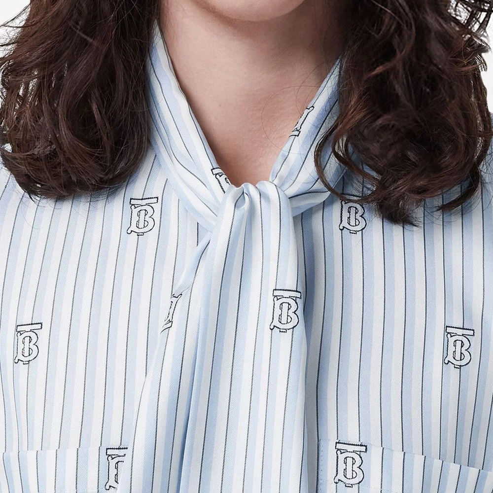 BURBERRY 女士浅蓝色条纹徽标印花条纹蝴蝶结长袖女衫 8050611 商品