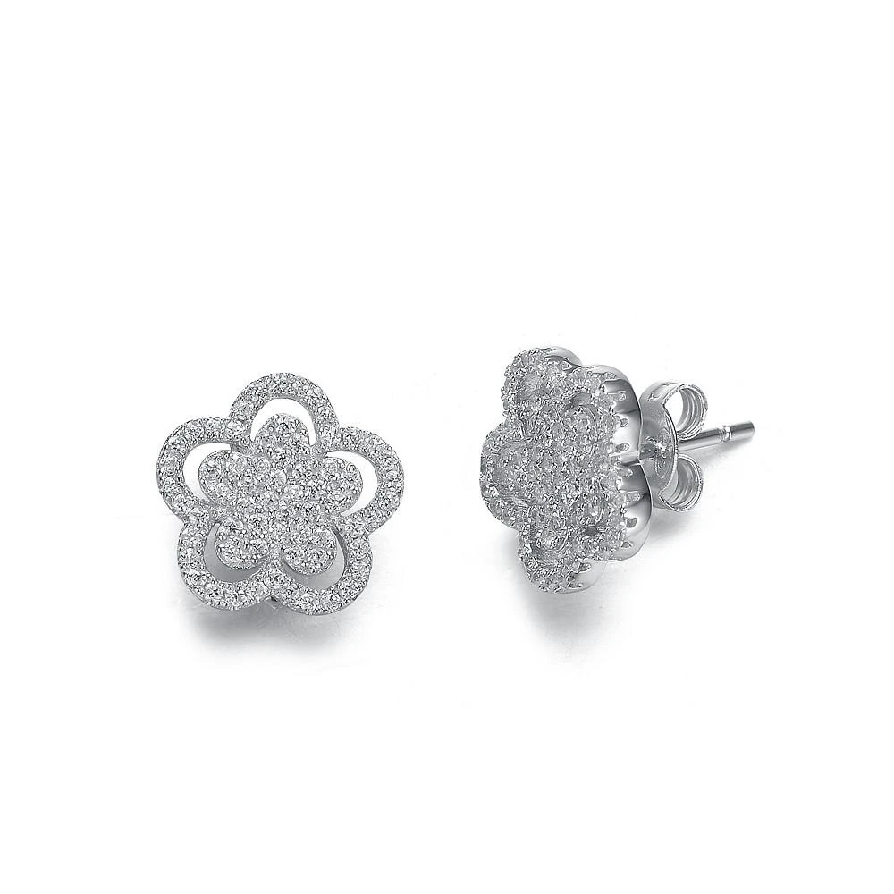 商品Genevive|Sterling Silver In White Gold Plating Cubic Zirconia Double flower Stud Earrings,价格¥750,第3张图片详细描述