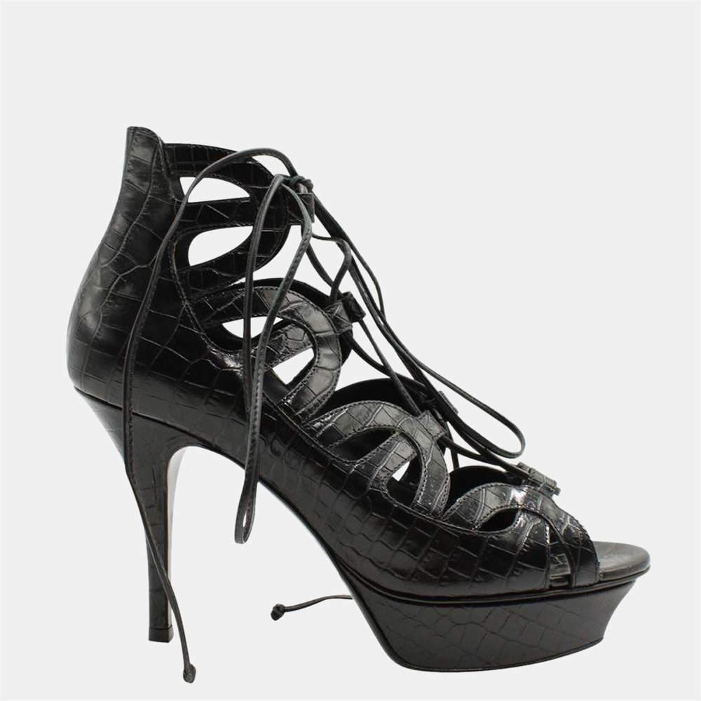 商品[二手商品] Yves Saint Laurent|Saint Laurent Paris Black Croc Embossed Leather Gladiator Tie Pumps Size EU 37.5,价格¥2225,第1张图片