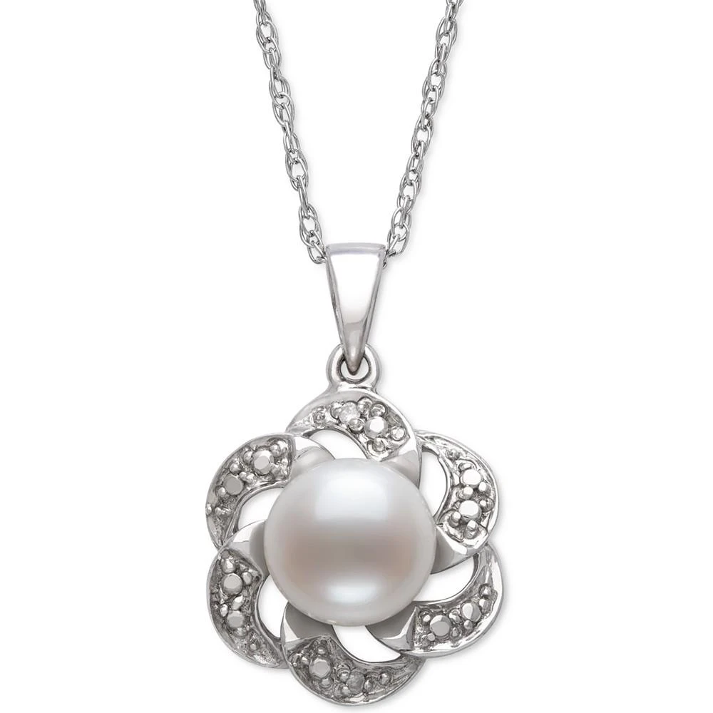 商品Belle de Mer|Cultured Freshwater Button Pearl (8mm) & Diamond Accent Flower 18" Pendant Necklace in Sterling Silver,价格¥977,第1张图片