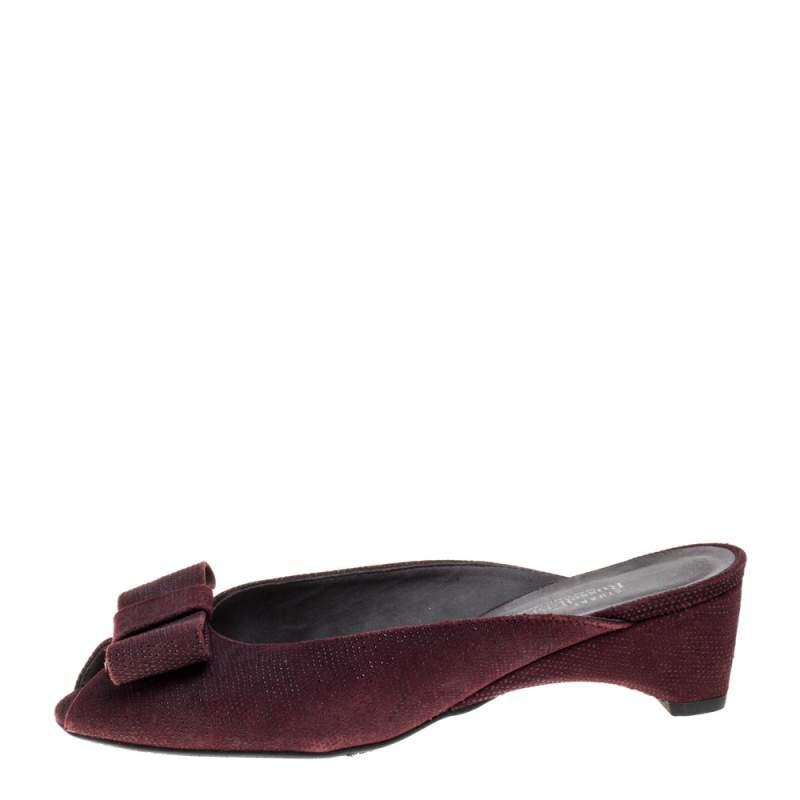 Stuart Weitzman Burgundy Textured Suede Bow Peep Toe Slide Sandals Size 38商品第2张图片规格展示