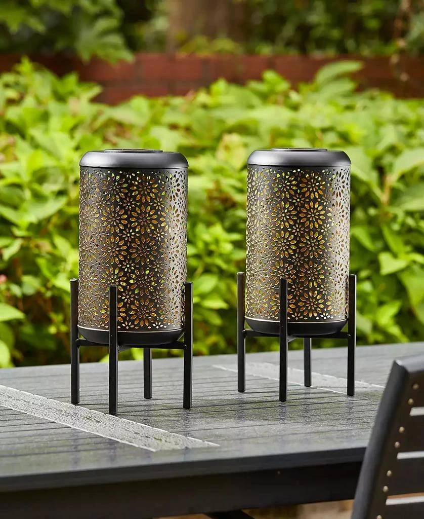 14.25" H Set of 2 Black and Gold-Tone Metal Cutout Flower Pattern Solar Powered LED Outdoor Lantern with Stand 商品