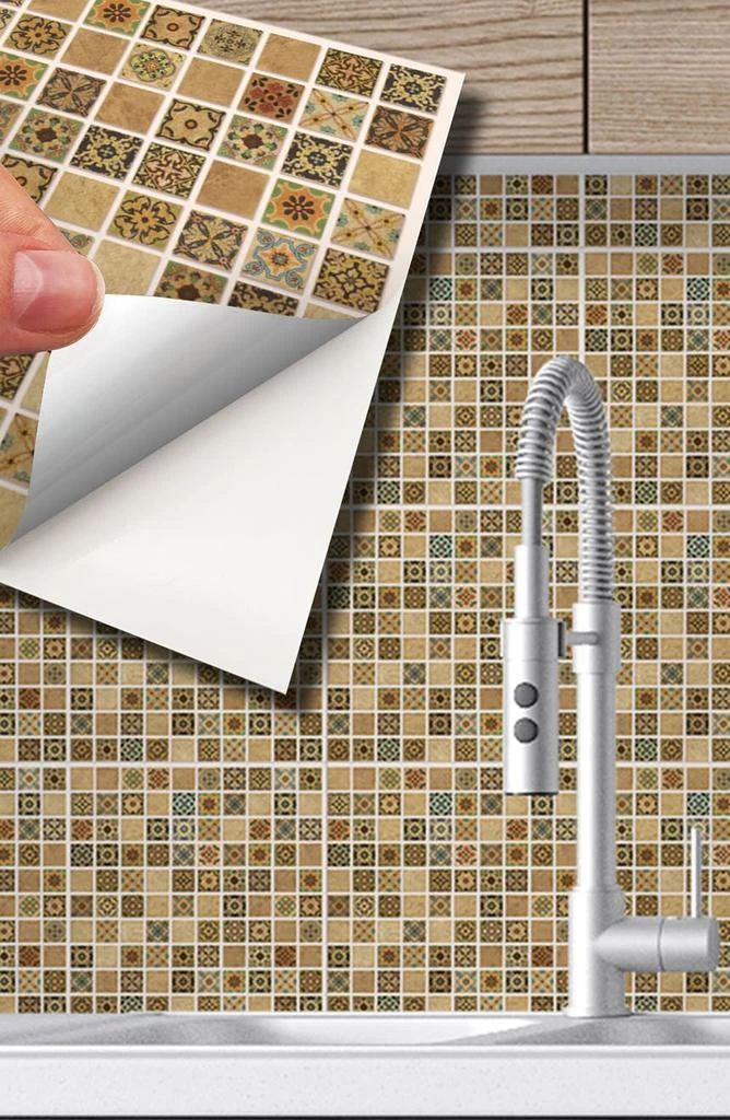 商品WALPLUS|Antique Brown Mosaic 96-Piece Tile Sticker Set,价格¥290,第3张图片详细描述