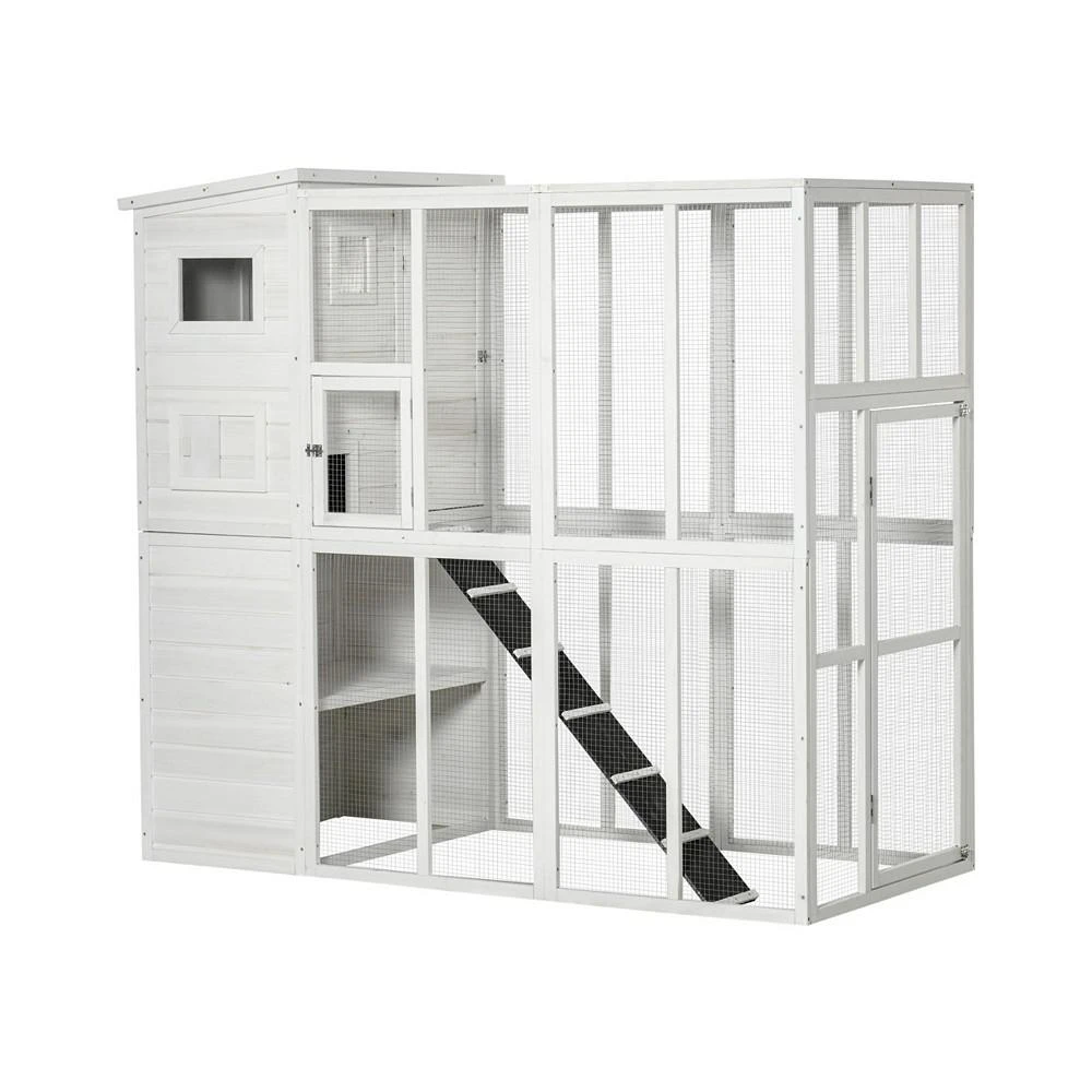 商品PawHut|Wooden Cat Enclosure Pet House Shelter Cage Outdoor Play Area Natural,价格¥3680,第2张图片详细描述