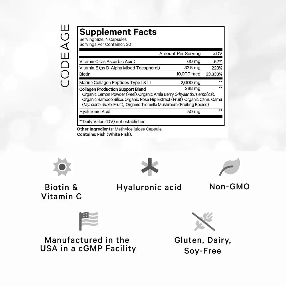 商品Codeage|Wild Caught Biotin Marine Collagen Peptides Capsules, Vitamin C, E & Hyaluronic Acid - 120ct,价格¥247,第3张图片详细描述