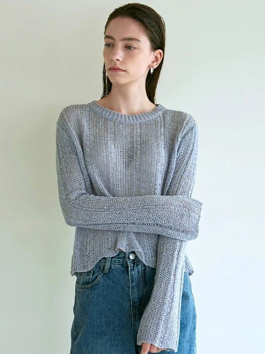 商品NICK&NICOLE|Embroidered Label Net Knit Top (Blue),价格¥559,第1张图片