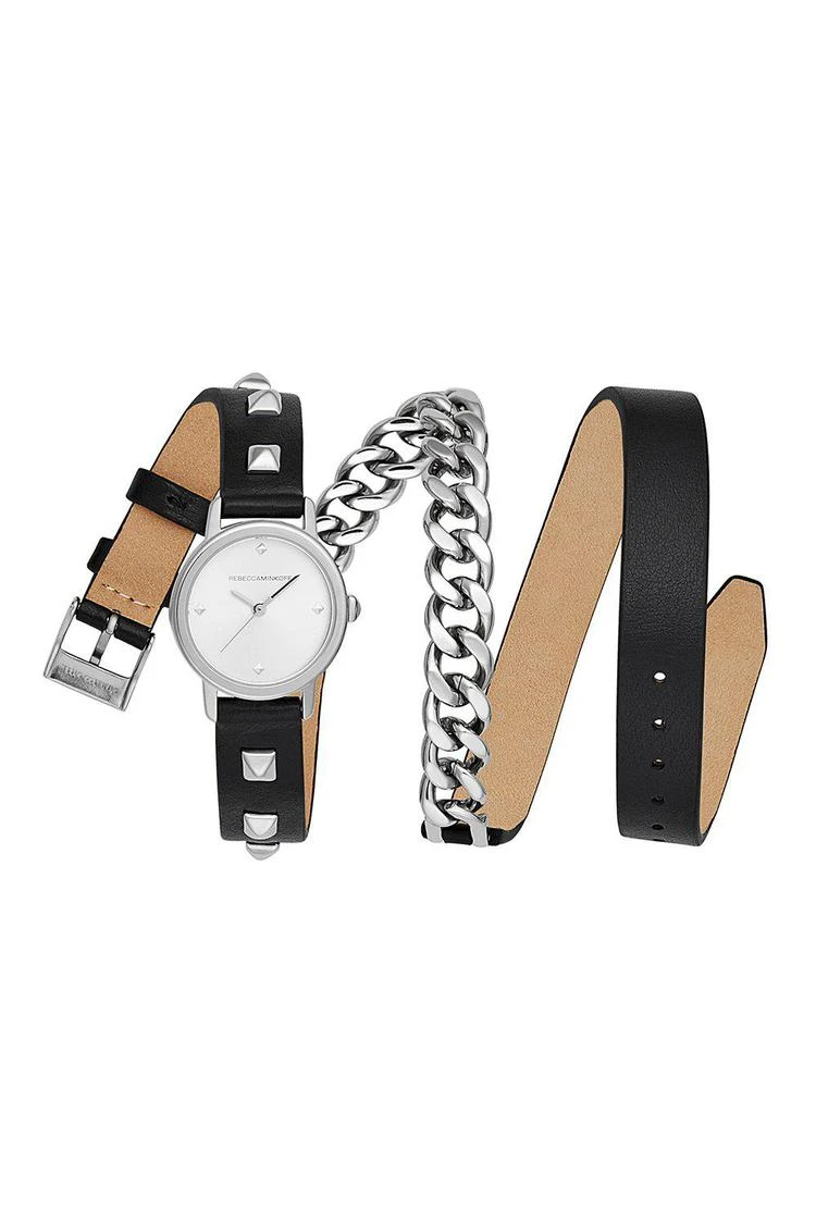 商品Rebecca Minkoff|BFFL银色配铆钉链条黑色表带腕表，25MM,价格¥1848,第1张图片