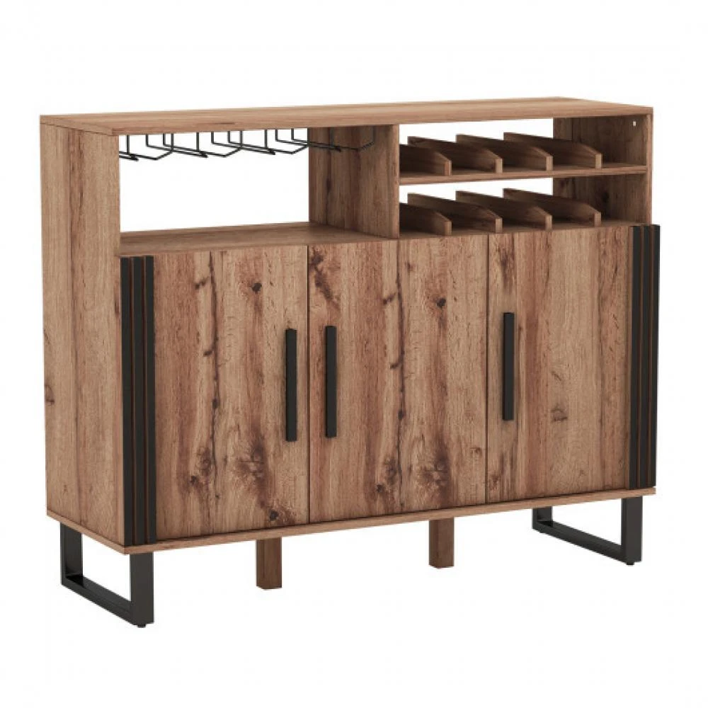 商品Hivvago|Home Wine Bar Cabinet with 3 Doors and Adjustable Shelves-Brown,价格¥1444,第3张图片详细描述