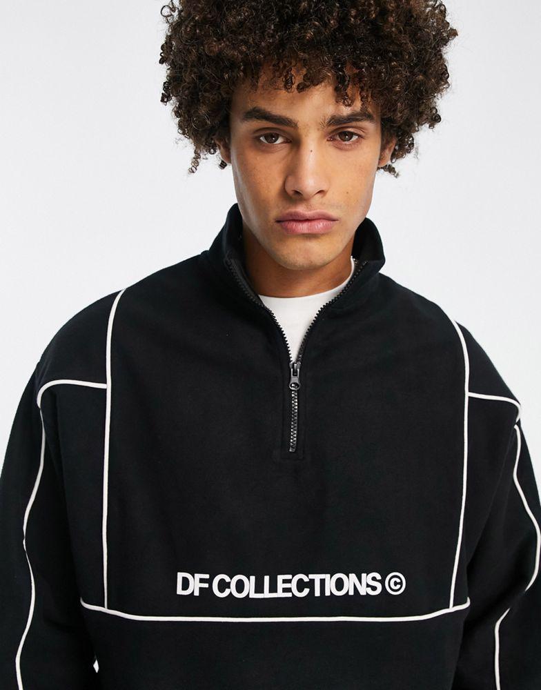 ASOS Dark Future oversized quarter zip sweatshirt in polar fleece with logo and contrast piping in black商品第3张图片规格展示
