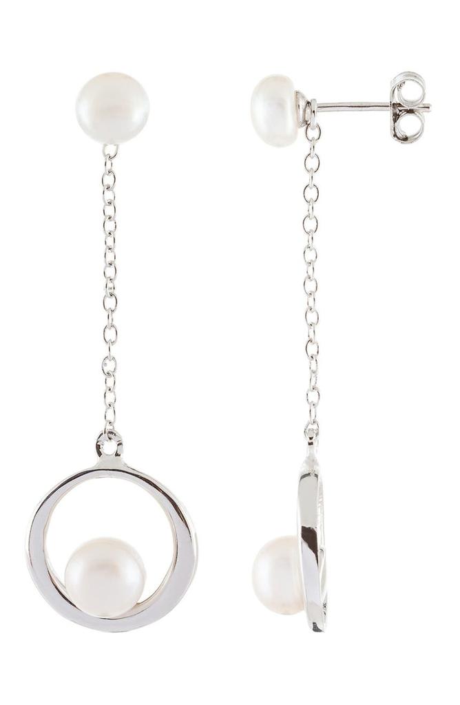 Rhodium Plated Sterling Silver Double 5.5-7mm Cultured Freshwater Pearl & Hoop Drop Earrings商品第1张图片规格展示