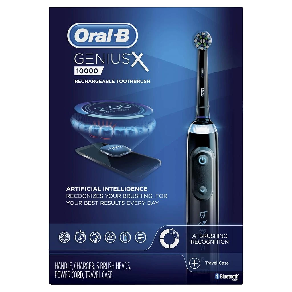 商品Oral-B|Oral-B GENIUS X Electric Toothbrush with 3 Oral-B Replacement Brush Heads and Toothbrush Case, Black,价格¥1333,第2张图片详细描述