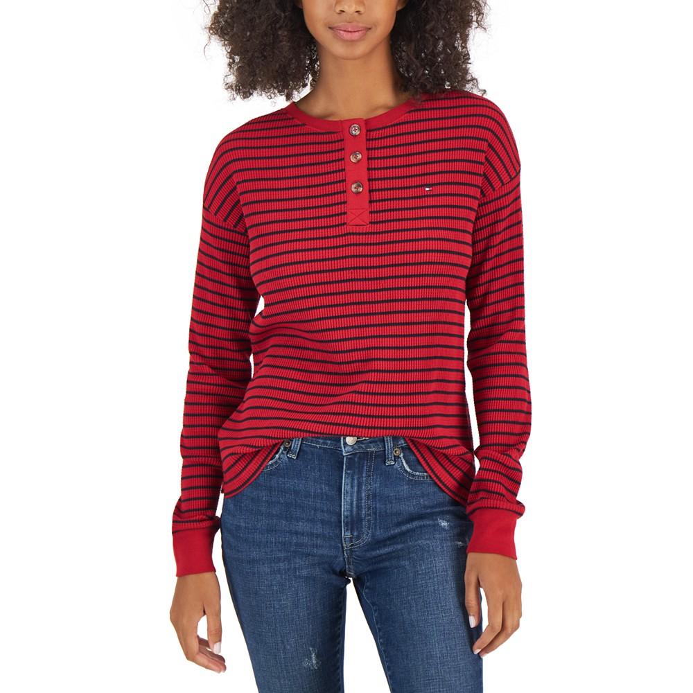 Women's Long-Sleeve Striped Boxy Henley Top商品第1张图片规格展示