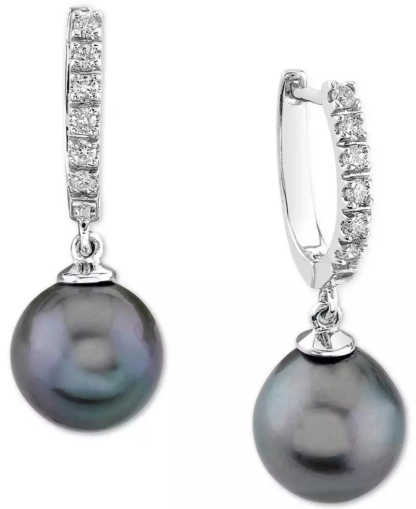 商品Macy's|Cultured Golden South Sea Pearl (9mm) & Diamond (1/5 ct. t.w.) Hoop Dangle Drop Earrings in 14k Gold,价格¥3585,第1张图片