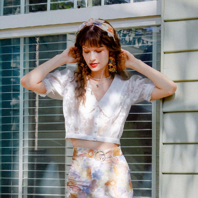 Dakota白色缎面纱复古宫廷娃娃领短款衬衫 | Dakota Blouse - Ivory商品第2张图片规格展示